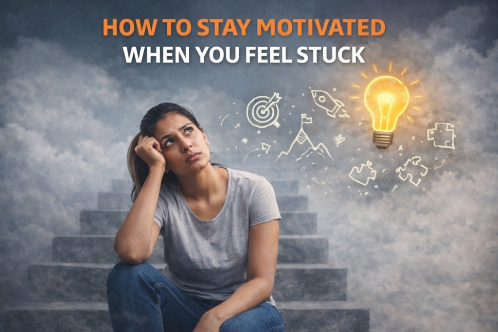 Woman thinking on how to stay motivated when you feel stuck