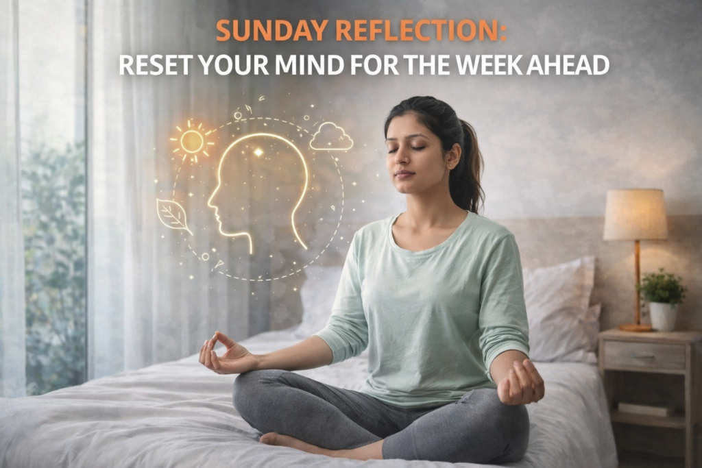 Woman meditating as part of Sunday reflection routine.