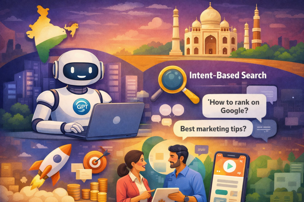 AI-powered digital marketing illustration showing ChatGPT transforming SEO and content marketing in India with search, analytics, and content creation visuals