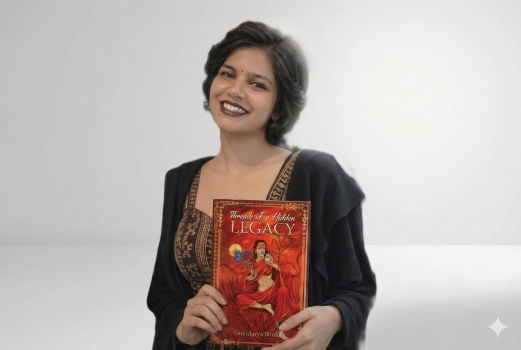 Saundarya Shukla holding her book 'Threads of a Hidden Legacy' on Vedic clothing