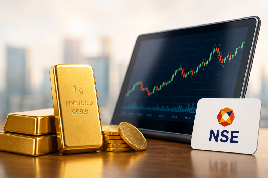 Digital representation of gold trading on NSE showing electronic gold receipts and dematerialised gold investment system
