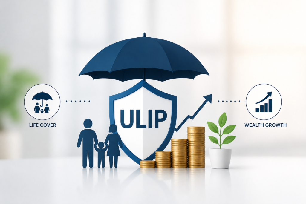 Illustration showing ULIP investment planning, wealth creation, and insurance protection concept