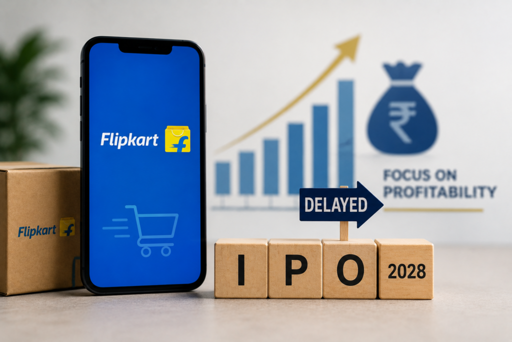 Flipkart Reportedly Delays IPO Plans, Shifts Focus Toward Profitability Conceptual image representing Flipkart delaying IPO plans to focus on profitability and ecommerce growth