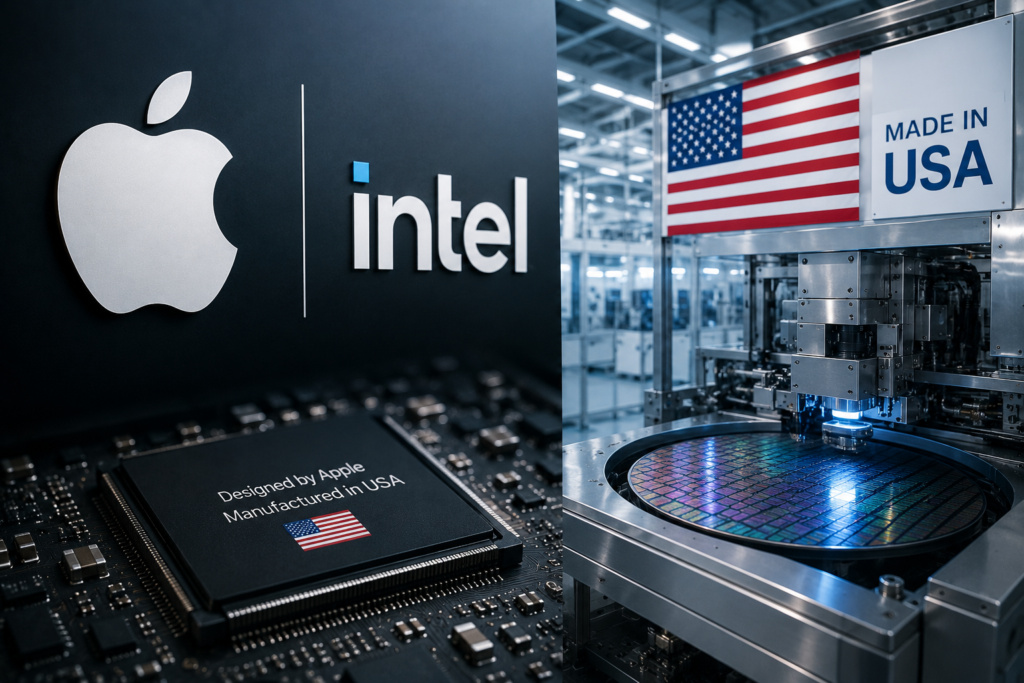 Conceptual illustration of Apple and Intel semiconductor partnership with advanced chip manufacturing and US technology infrastructure