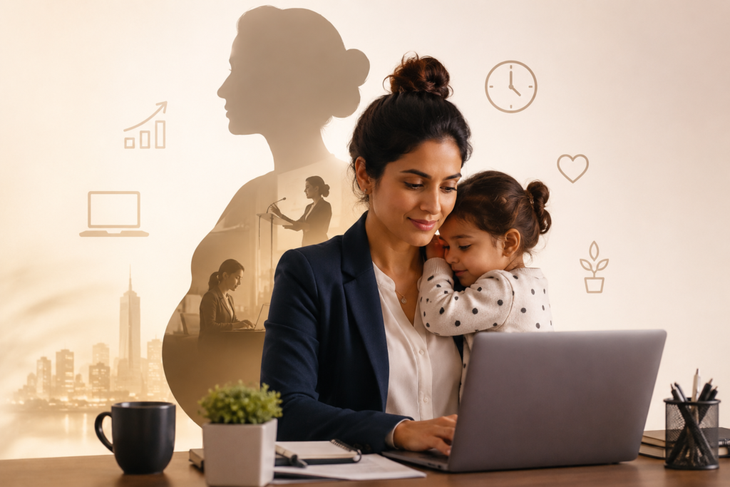 Illustration of a modern working mother balancing leadership, entrepreneurship, and family life