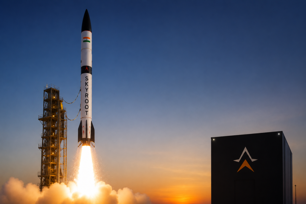 Conceptual illustration of Skyroot Aerospace rocket launch representing India’s first space-tech unicorn and private space innovation