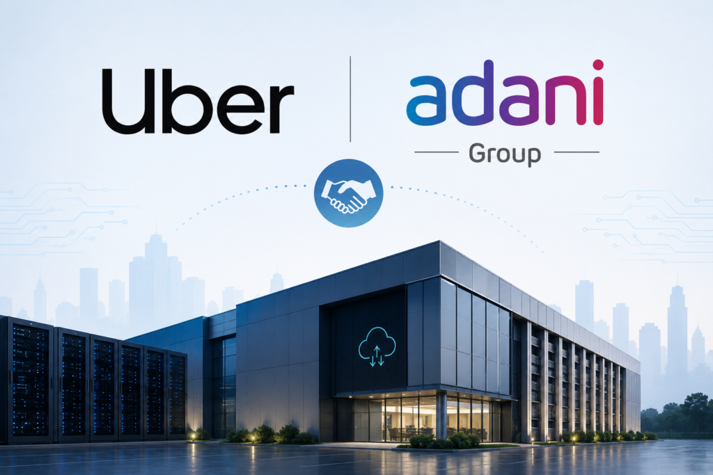 Conceptual image representing Uber and Adani Group partnership for India data centre infrastructure