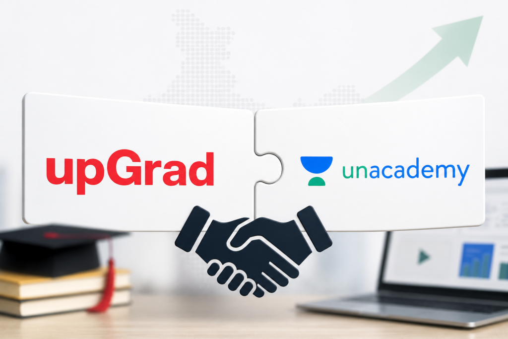 Illustration showing upGrad acquiring Unacademy, representing consolidation and transformation in India’s edtech sector