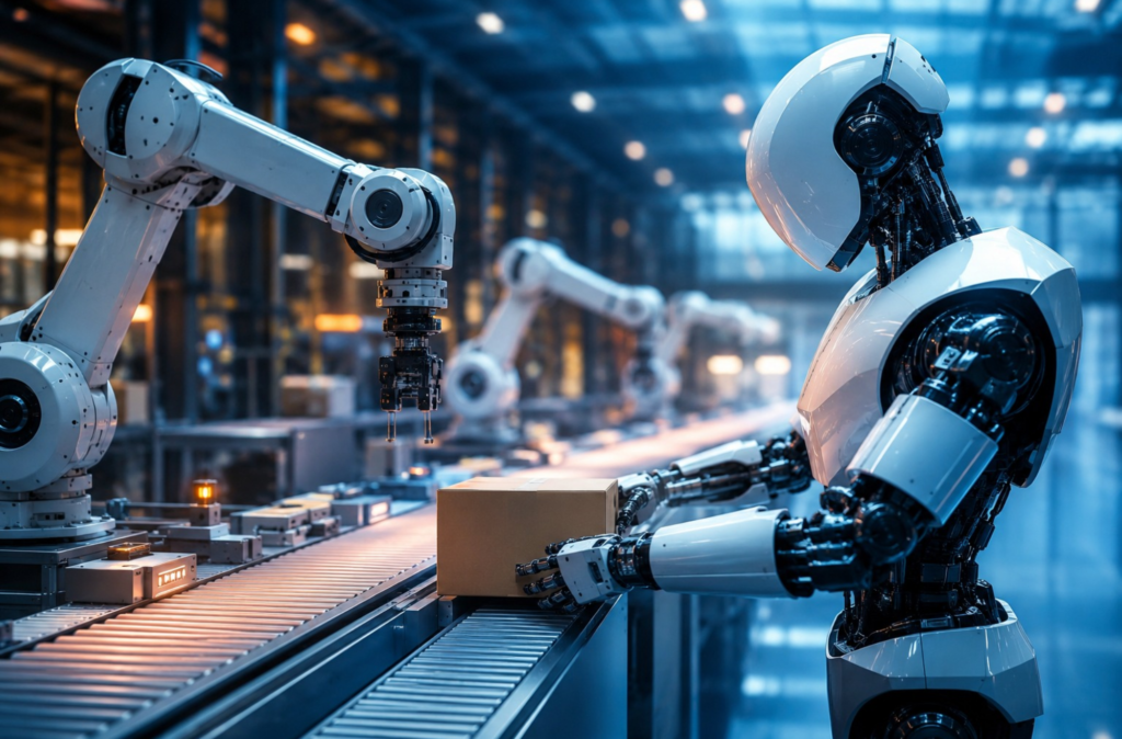Humanoid robots in an automated factory represent India's growing physical AI sector.