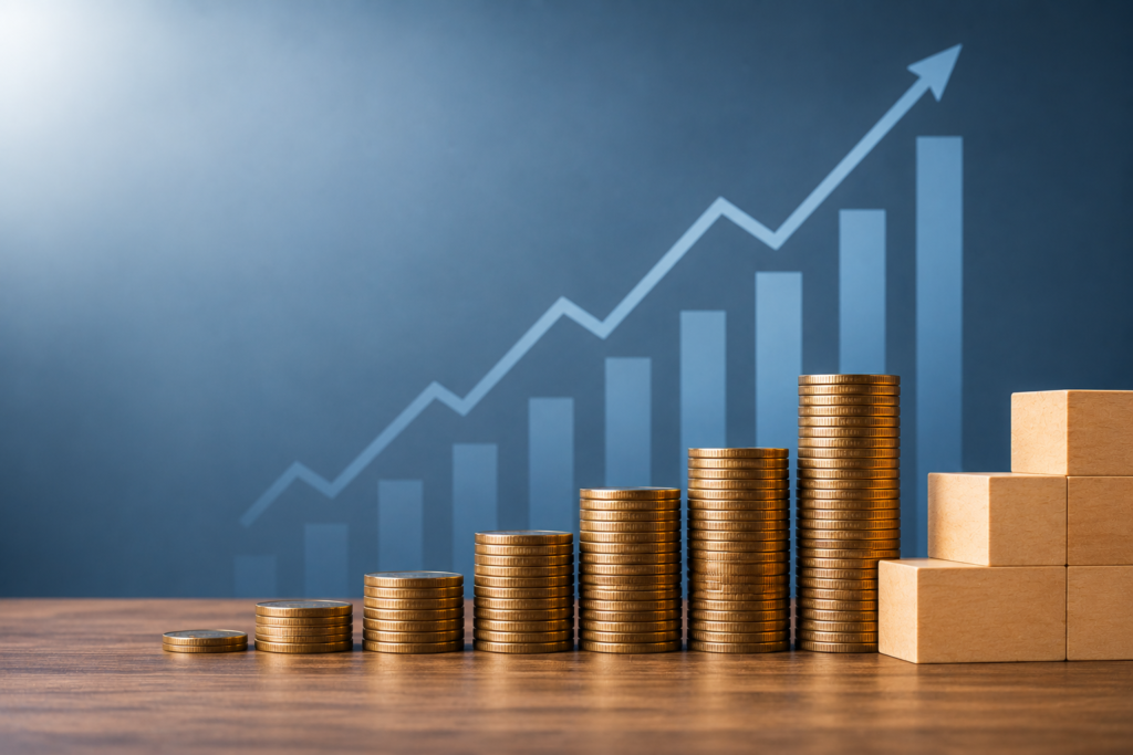 IPO market growth with rising stacks of coins and an upward financial chart, representing India’s ₹7,100 crore IPO fundraising week.